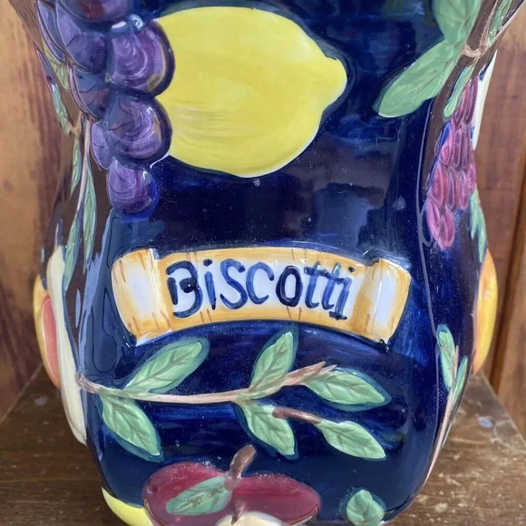 VTG Biscotti Cookie Jar Hand Painted Nonni's Dark Blue Fruit Ceramic Kitchen - Picture 8 of 11